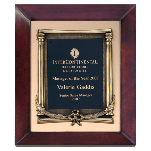 12″ x 15″ Airflyte Cherry Finish Frame with Antique Bronze Finished Metal Frame on a Brushed Gold Metal Background with a Laserable Black Brass Plate