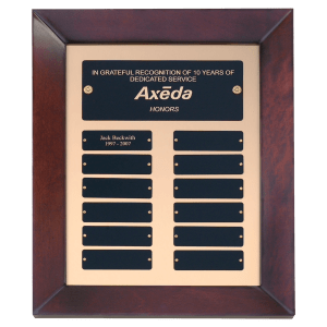 12″ x 15″ Airflyte Cherry Finish Frame Perpetual Plaque with Gold Metal Background and 12 Laserable Black Brass Plates