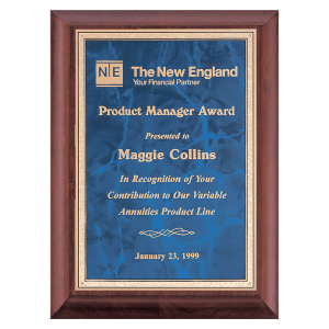 9″ x 12″ Hand Rubbed Cherry Finish Plaque with Sapphire Marble Gold Border LaserFX Plate