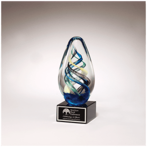 7 1/8″ Egg Shaped Colored Art Glass on Black Glass Base with Black Laserable Aluminum Plate
