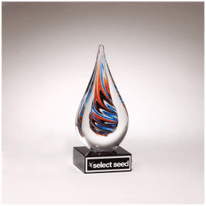 7 1/2″ Teardrop Art Glass on Black Glass Base with Black Laserable Aluminum Plate