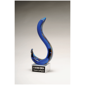 11″ Modern Swan Design Art Glass on Clear Glass Base with Black Laserable Aluminum Plate