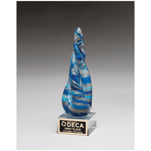 8 3/4″ Twist Blue & Teal Art Glass with Gold Metallic Accent on Clear Glass Base and Black Laser Aluminum Plate