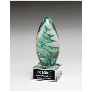 6 1/2″ Blue and Green Helix Egg Shaped Art Glass on Clear Glass Base with Black Laserable Aluminum Plate