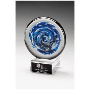7″ Blue and White Disc Art Glass on Clear Glass Base with Black Laserable Aluminum Plate