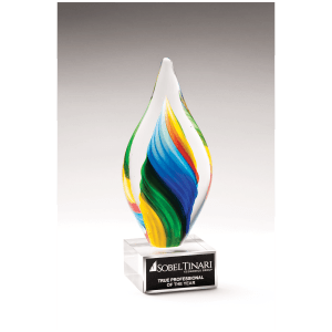9″ Rainbow Twist Art Glass on Clear Glass Base with Black Laserable Aluminum Plate