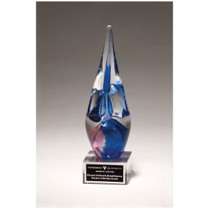 10 1/2″ Blue & Violet Art Glass on Clear Glass Base with Black Laserable Aluminum Plate