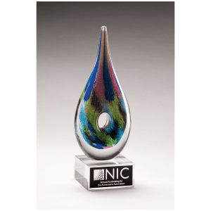 9 7/8″ Multi-Colored Teardrop Art Glass on Clear Glass Base with Black Laserable Aluminum Plate
