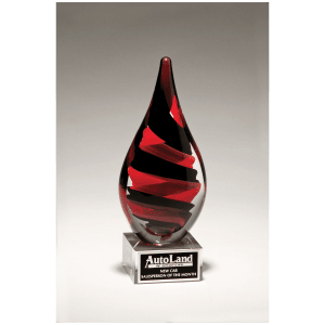 8″ Black and Red Helix Teardrop on Clear Glass Base with Black Laserable Aluminum Plate
