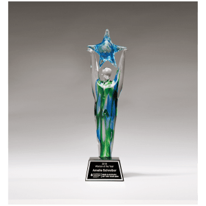 11 1/2″ Star Achiever Art Glass on Clear Glass Base with Black Laserable Aluminum Plate