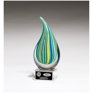 8 1/4″ Multi-Colored Teardrop Art Glass on Clear Glass Base with Black Laserable Aluminum Plate