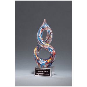 10″ Helix Multi-Color Art Glass on Clear Glass Base with Black Laserable Aluminum Plate