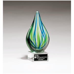 8″ Blue and Green Teardrop Art Glass on Clear Glass Base with Black Laserable Aluminum Plate