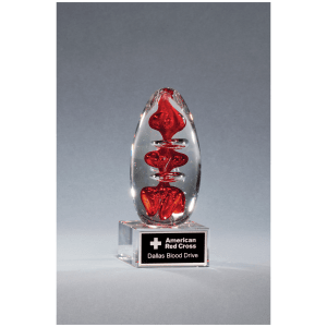 5 1/4″ Red Egg Shaped Art Glass on Clear Glass Base with Black Laserable Aluminum Plate