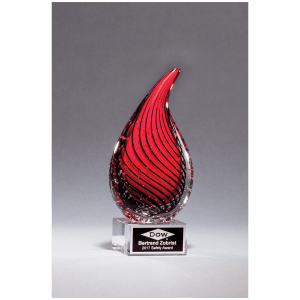 7 1/2″ Red Teardrop Art Glass on Clear Glass Base with Black Laserable Aluminum Plate