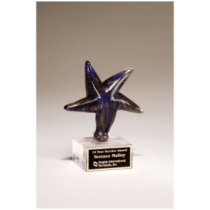 6 7/8″ Blue Star Art Glass with Gold Metallic Highlights on Clear Glass Base and Black Laserable Aluminum Plate