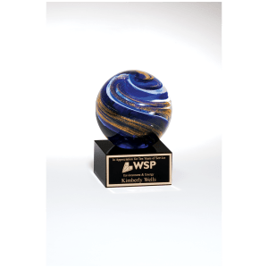 5″ Globe with Blue, White and Gold Metallic on Black Glass Base with Black Laser Aluminum Plate