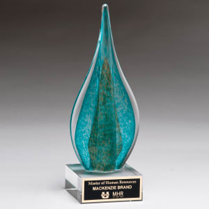 11 1/2″ Teal/Green Teardrop with Gold Metallic Accent on Clear Glass Base with Black Laser Aluminum Plate