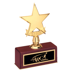 5″ x 7 1/2″ Polished Metal Goldtone Star Casting on Rosewood Piano Finish Base with Laserable Black Brass Plate