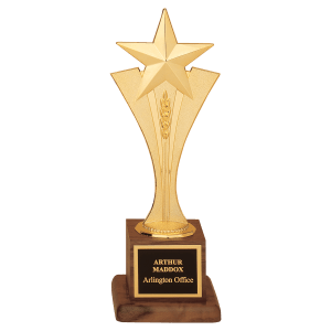 3 1/2″ x 10″ Modern Goldtone Star Casting on a Walnut Finish Base with Laserable Black Brass Plate