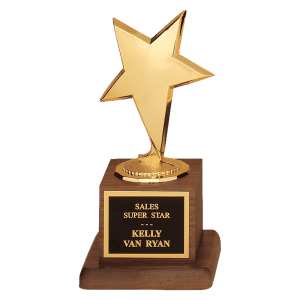 3 1/2″ x 6 3/4″ Modern Star Casting in Goldtone Finish on Walnut Finish Base with Black Laserable Plate