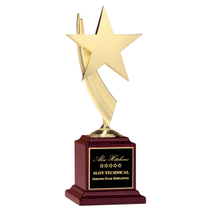 13″ Star Casting in Goldtone Finish on Rosewood Piano Finish Base with Black Laserable Plate