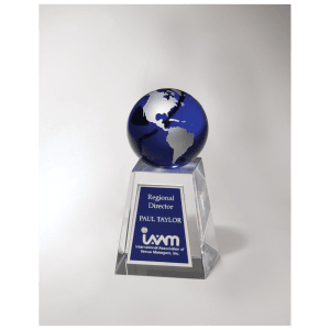 2 5/8″ x 5 1/4″ Crystal Trophy with Blue Globe and Blue/Silver Plate