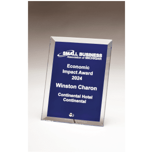 4″ x 6″ Clear Glass Plaque with Painted Blue Background,                   Silver Plated Easel Post