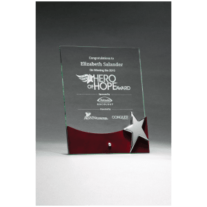 8″ x 10″ Freestanding Glass Award with High Gloss Rosewood Accent and Silver Star