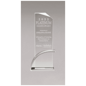 8 7/8″ x 9 3/8″ x 1/2″ Thick Silver Contemporary Clear Glass Award, Arched Base with Matte Metallic Finish