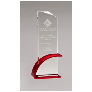 3 7/8″ x 10 1/8″ x 1/2″ Thick Red Contemporary Clear Glass Award, Arched Base with Matte Metallic Finish