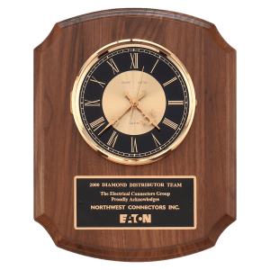 10 1/2″ x 13″ Walnut Quartz Clock, Brass Diamond Spun Bezel, Glass Lens, Black & Gold Dial