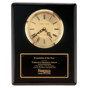 10 1/2″ x 13″ Black Piano Finish Clock, Waterfall Bezel with Glass Lens, Gold Dial, Plate