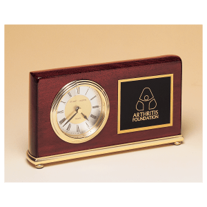 4″ x 7 5/8″ Rosewood Piano Finish Clock, Brass Base, Diamond Spun Dial, 3 Hand Movement with Black Laserable Plate
