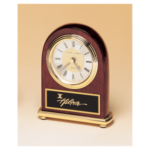 4″ x 5″ Rosewood Arch Piano Finish Clock, Brass Base, Diamond Spun Dial, 3 Hand Movement with Black Laserable Plate