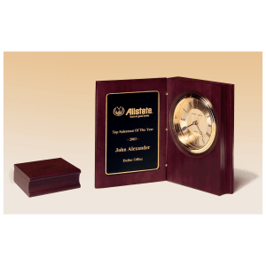 9″ x 6 3/4″ Hand Rubbed Mahogany Finish Book Clock, Diamond Spun Dial, 3 Hand Movement, Black Laserable Plate