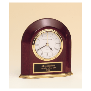 5 5/8″ x 5 7/8″ Rosewood Piano Finish Arched Table Clock with Solid Brass Base with Black Plate