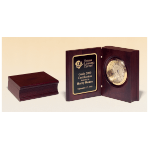 5 3/8″ x 4 1/4″ Hand Rubbed Mahogany Finish Book Clock w/Gold Spun Dial, 3 Hand Movement, Plate