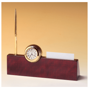 9″ x 9″ x 2 1/4″ Gold Metal Golfball Clock on Rosewood Piano Nameplate, Business Card Holder, Pen