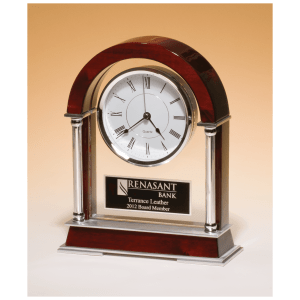 8 1/2″ x 10 1/2″ Rosewood Piano Finish Mantle Clock, Chrome Plated Posts, Silver Accents with Black Plate
