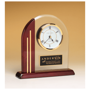 7 1/2″ x 7 7/8″ Arch Clock with Glass Upright and Rosewood Piano Finish Post and Base with Plate