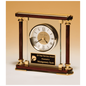7″ x 7″ Glass and Rosewood Piano Finish Clock with  Gold Metal Accents and Black Plate
