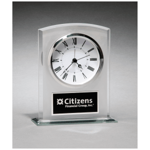 5″ x 6 1/4″ Glass Clock with Frosted Top, Polished Edge and Base with Black Plate