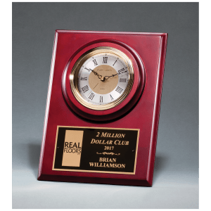 9″ x 12″ Cherry Finish Clock with 3 Hand Movement, Shelf Stand or Wall Mount with Black Laserable Plate