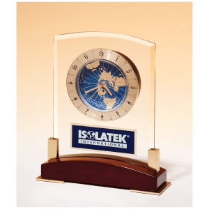 6″ x 7 3/4″ Glass Clock with World Time Dial on Piano Finish Base, Blue Aluminm Plate