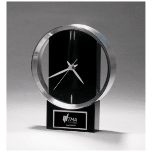 5 5/8″ x 7 3/4″ Modern Design Clock with Brushed Silver Bezel, Black High Gloss Base, Black Plate