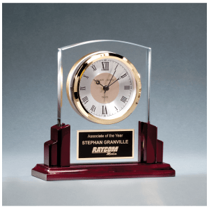 6 5/8″ x 6 1/2″ Glass Clock with Rosewood High Gloss Base, Black Aluminum Plate