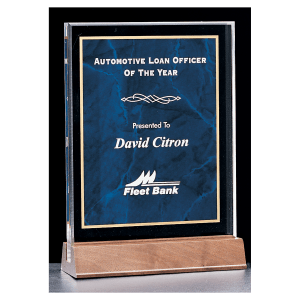 7″ x 9 5/8″ Sapphire Marble Acrylic Award with American Walnut Base