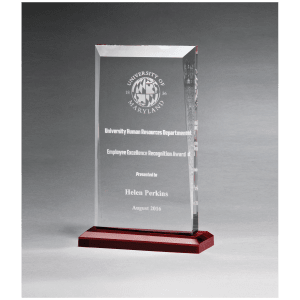 5 1/2″ x 8 3/4″ Apex Series Clear Acrylic Award with Red Highlights and Red Base