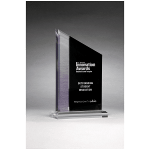 6″ x 10″ Digitally Printed Brushed Silver Accent on Black Upright Acrylic with Clear Base